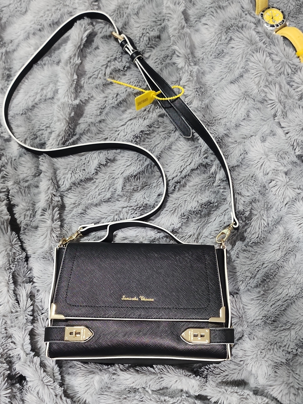 Samantha Thavasa Black Crossbody Bag with White Trim and Gold Hardware